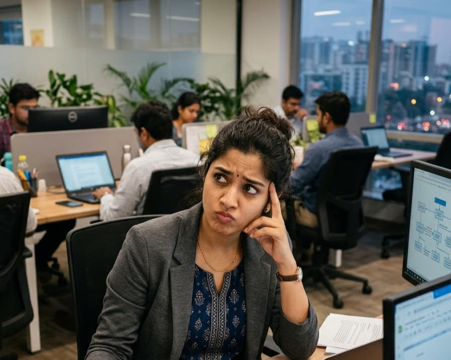corporate-employee-stress-workplace-burnout-management Stressed female corporate employee thinking intensely at her office desk with computer data graphs, papers, and a Chai and Data mug.