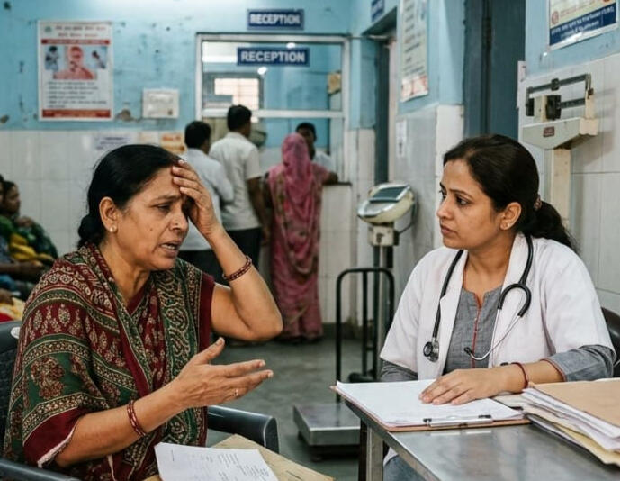 public-hospital-doctor-patient-consultation-india Patient explaining symptoms to a female doctor at a public hospital clinic desk in India during a medical consultation.