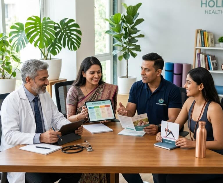 holistic-health-team-wellness-consultation-plan Medical doctor, nutritionist, and yoga instructor collaborating on a holistic health plan with a patient in a wellness clinic.