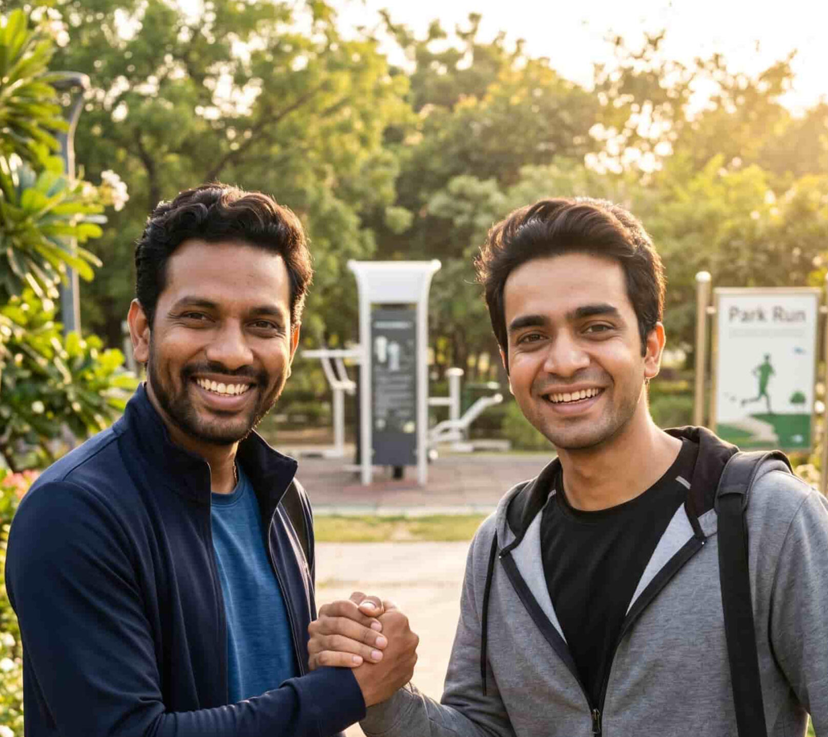 choose-the-care-you-deserve-fitness-workout-wellness-habits Two smiling Indian men doing a friendly handshake in an outdoor park after a fitness workout or morning run.