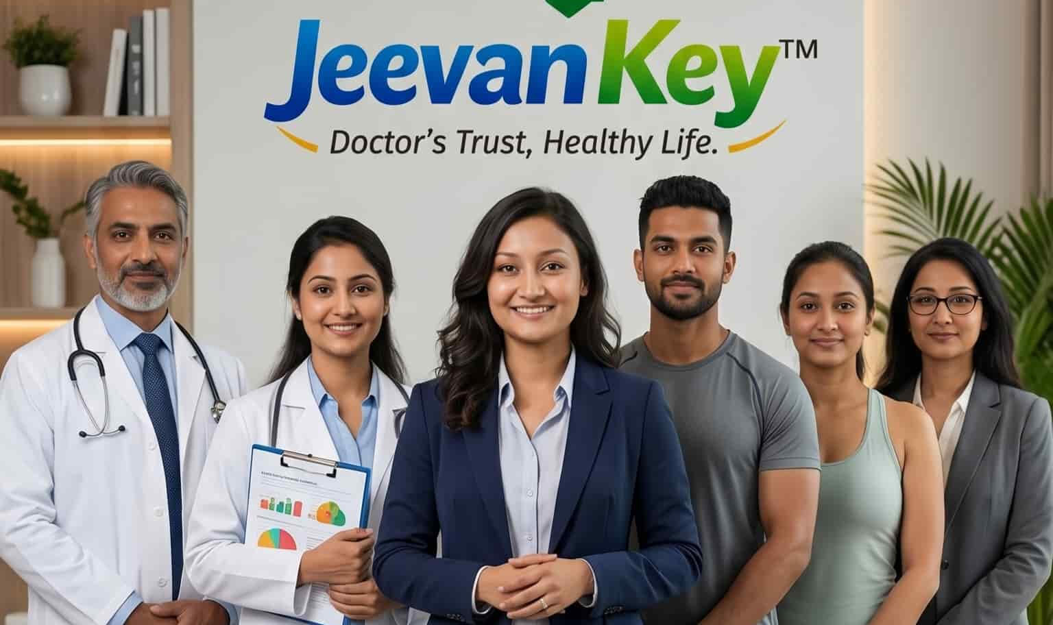 jeevankey-multidisciplinary-medical-wellness-team Multi-specialty medical and wellness team standing together under the JeevanKey logo and tagline Doctor's Trust, Healthy Life.