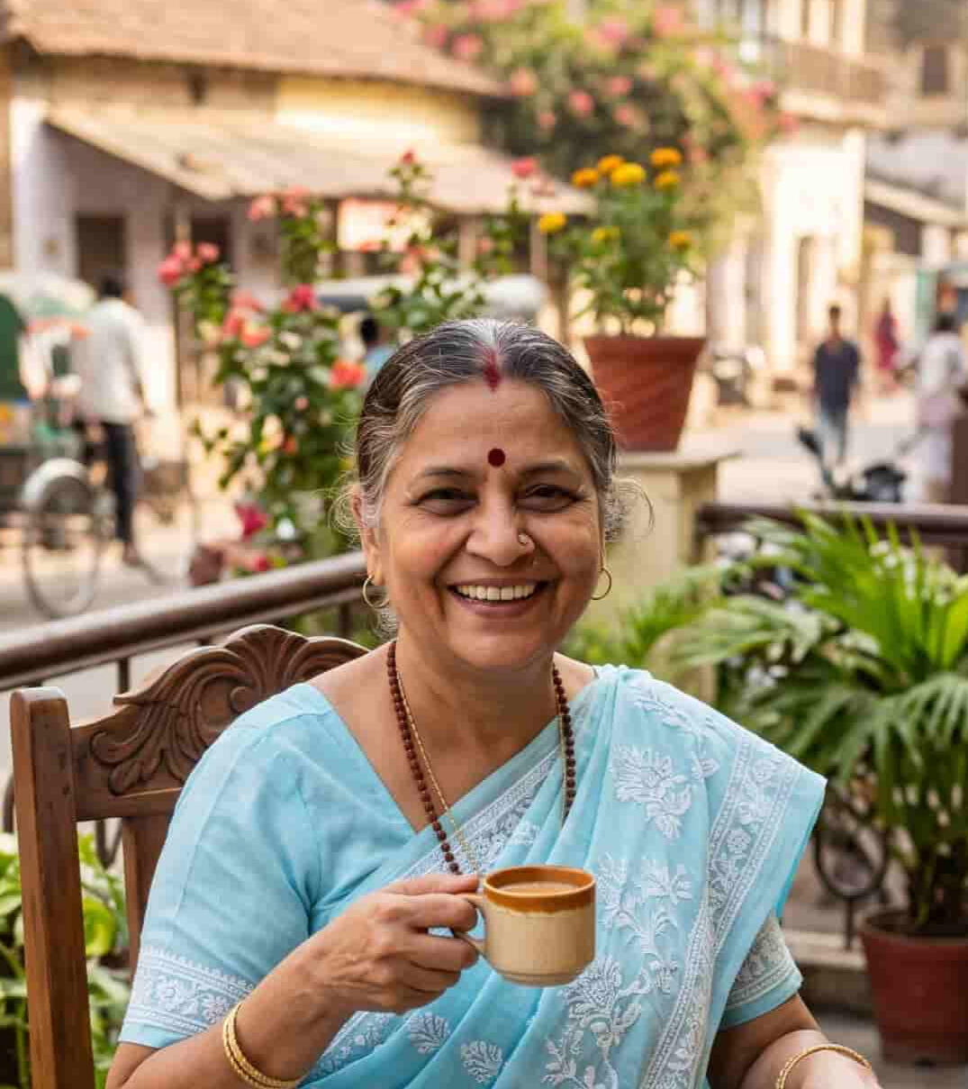 healthy-aging-senior-indian-woman-lifestyle Smiling senior Indian woman drinking tea on a balcony after shopping for fresh vegetables, representing healthy aging habits.