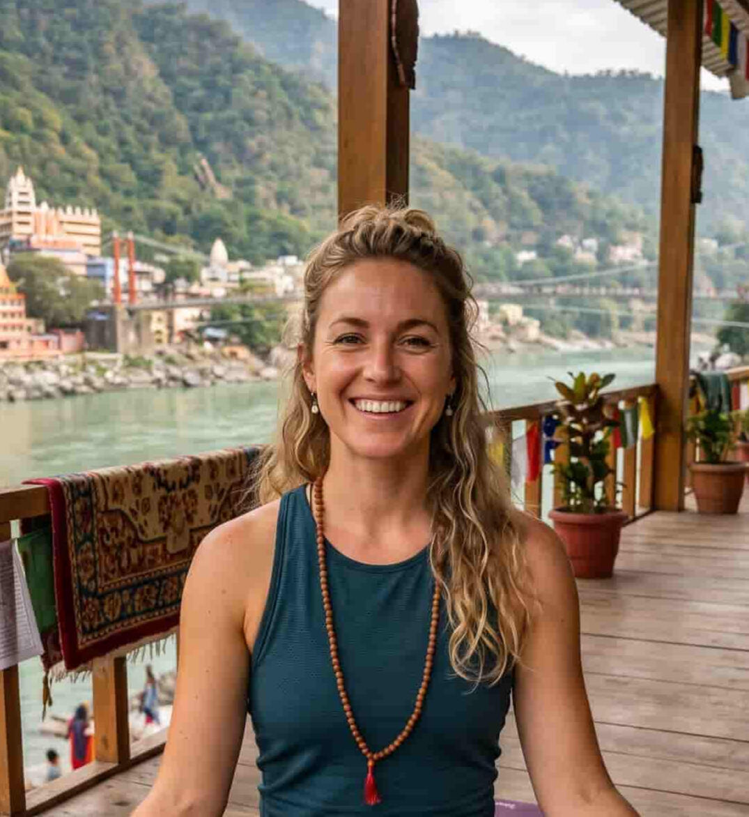 rishikesh-yoga-retreat-mindfulness-meditation-yoga-instructor Smiling woman practicing mindfulness meditation on a yoga mat overlooking the Ganges River and temples in Rishikesh, India.